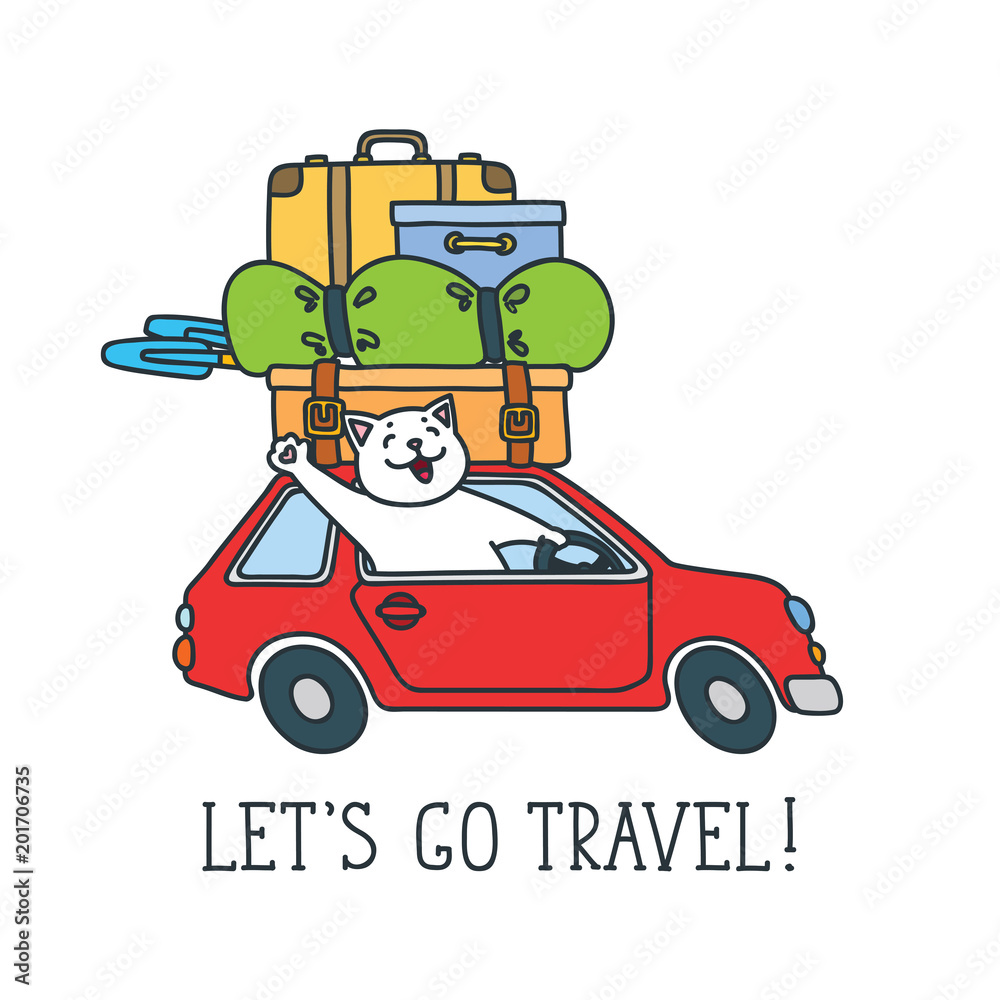 Let's go travel! Doodle vector illustration of funny cat driving a red car
