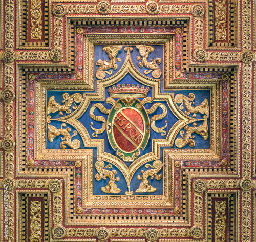 SPQR shield in the ceiling of the Basilica of Santa Maria in Ara Coeli, in Rome, Italy.