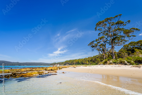 Fototapeta Naklejka Na Ścianę i Meble -  Amazing view to great paradise island sandy beach with turquoise blue water and green shore jungle forest on warm sunny clear sky relaxing day, River Adventure Bay, Bruny Island, Tasmania, Australia