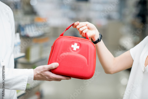 Obraz na płótnie First aid kit in the pharmacy