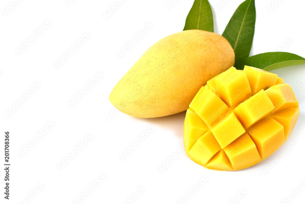 Mango fruit with leaf isolated white background Mango fruit with leaf isolated white background