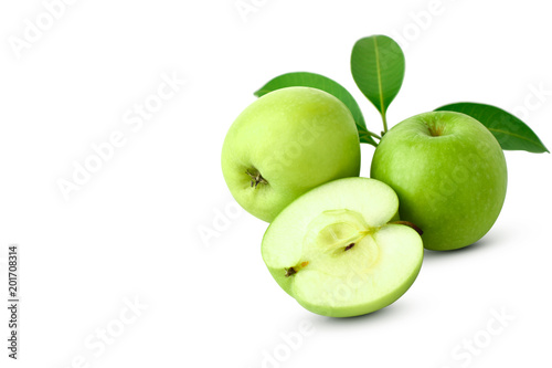 Whole green apple and half with leaf isolated on white background as package design element. this has clipping path.