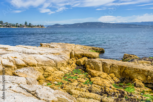 Pretty little to village town view with great paradise sandy beach with turquoise blue water and green covered rocks stone on warm sunny clear day for relaxing Opossum Bay  Hobart  Tasmania  Australia