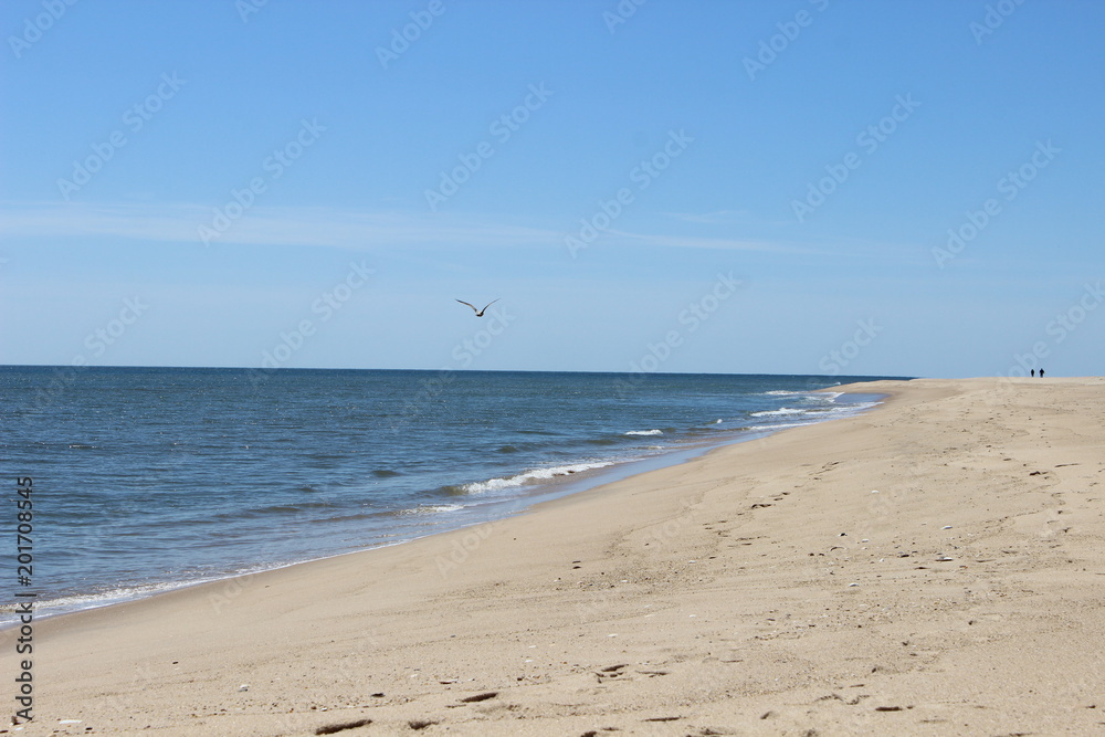 Waves crashing on isolated empty sandy coastal ocean beach 