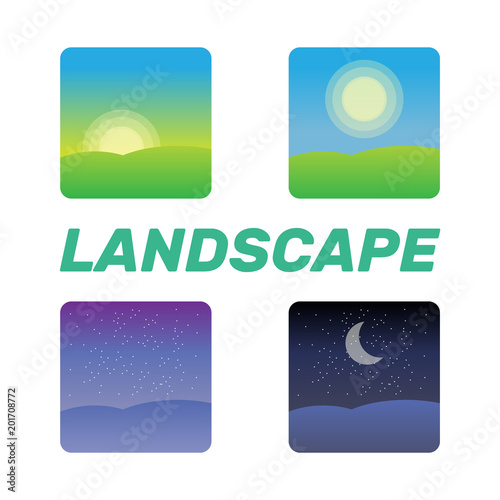 Nature landscape at times of day. Icons morning, night cycle