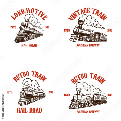 Set of emblem templates with hand drawn retro trains. Design elements for poster, card, t shirt, logo, label, badge.