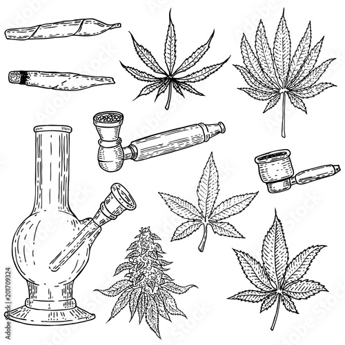 Set of hand drawn cannabis leaves, bong, smoking pipes. Design element for poster, card, banner.