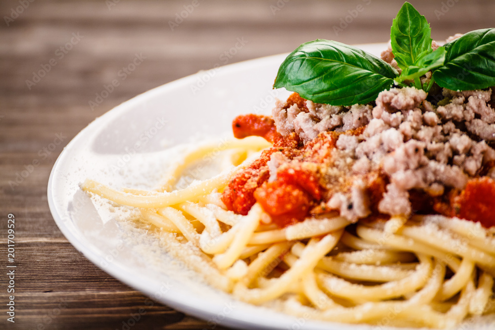 Pasta with meat, tomato sauce and vegetables Pasta with meat, tomato sauce and vegetables