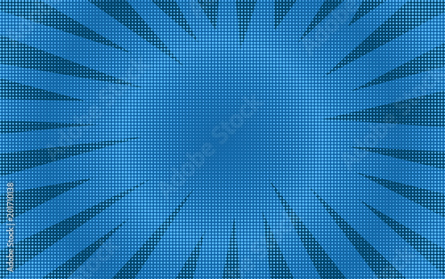 Abstract blue retro comic background with rounded halftone shadow. Cartoon turquoise backdrop with dark striped pointed corners frame for comics book, advertising design, poster, print