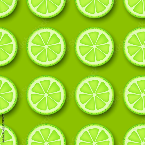 Lime fruit seamless pattern. Sliced pieces citrus, green color background. Vector illustration.