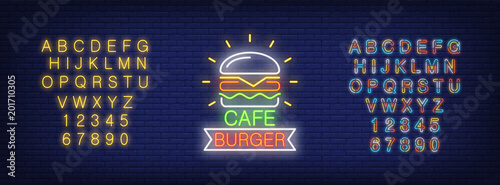 Cafe burger and alphabet neon sign set. Hamburger, ribbon shape, yellow and colorful letters and numbers. Night bright advertisements. Vector illustrations in neon style for fast food restaurant