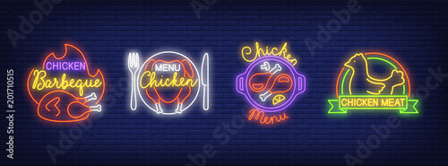 Chicken meat barbeque neon signs collection. Neon sign, night bright advertisement, colorful signboard, light banner. Vector illustration in neon style.
