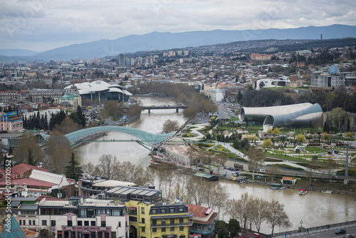 Cityscape of Tbilisi, the capital and the largest city of Georgia, lying on the banks of the Kura River. Its cobblestoned old town reflects a long, co
