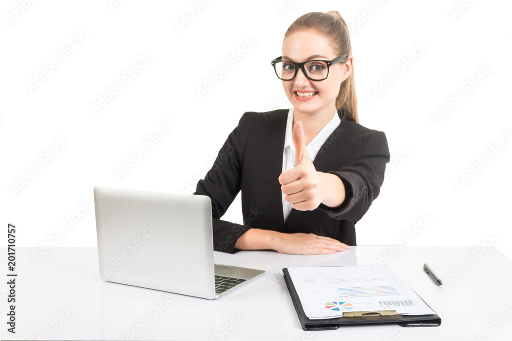Business woman manager working on notebook computer and business document isolated on white background Business woman manager working on notebook computer and business document isolated on white background