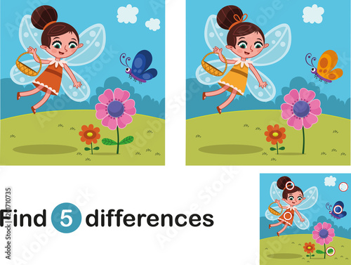 Find 5 differences education game for children, fairy in the nature.(Vector illustration)
