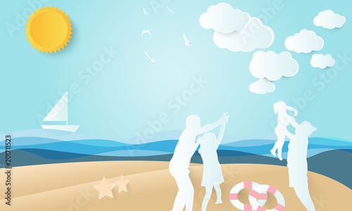 happy family,father and mother play with daughter on beach, summer background