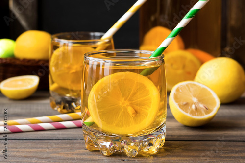 Refreshing cold tea with lemon