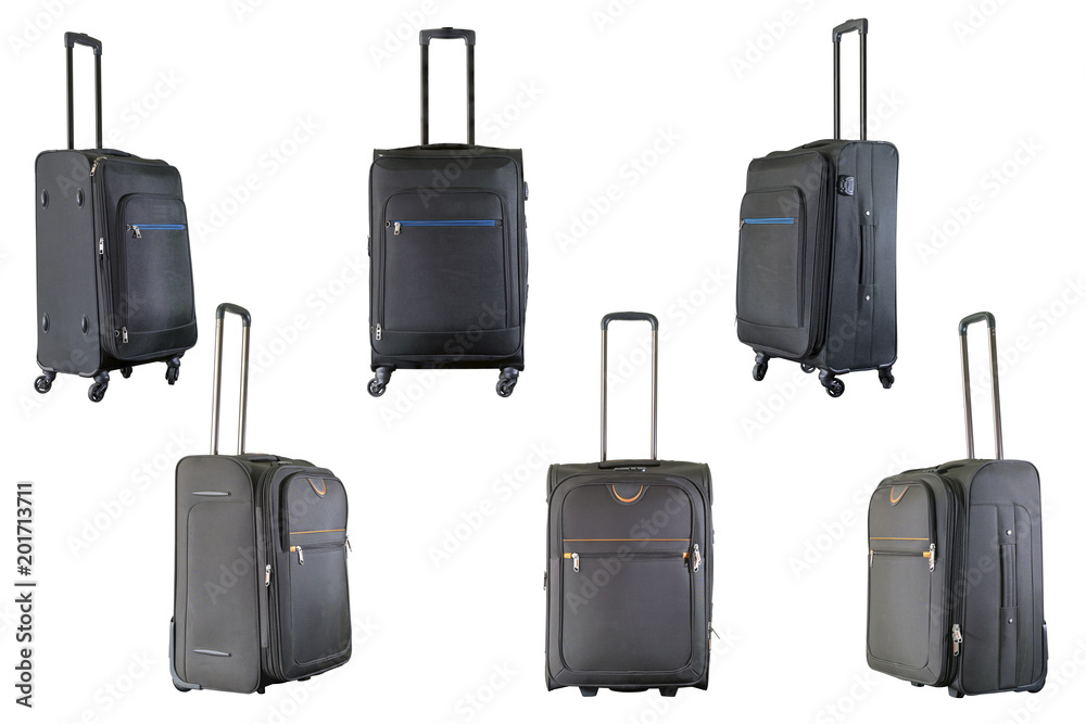 Group of brown and black suitcases isolated on white background. Group of brown and black suitcases isolated on white background.