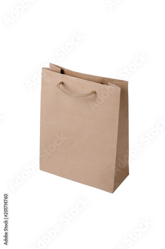 Kraft paper shopping bag isolated without shadow on white background.