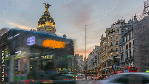 Madrid gran via street traffic timelapse during twilight rush hour spain