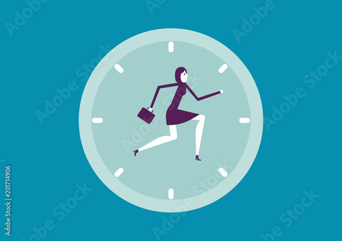 Businesswoman and race agains time. Vector illustration working business concept.