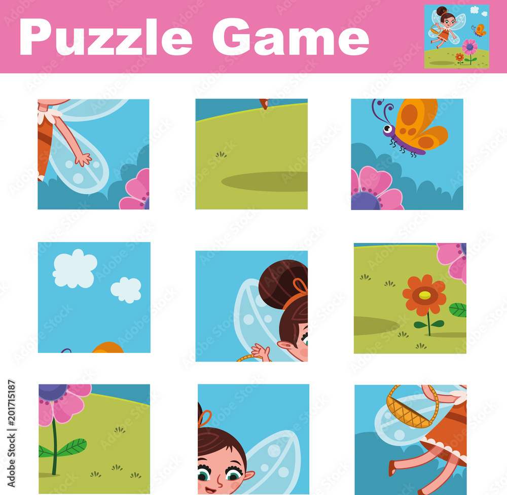 Puzzle for children featuring a cute fairy. Match pieces and complete the picture. Activity for preschool children.(Vector illustration)