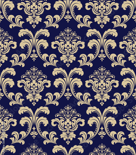 Floral pattern. Wallpaper baroque, damask. Seamless vector background. Blue and gold ornament