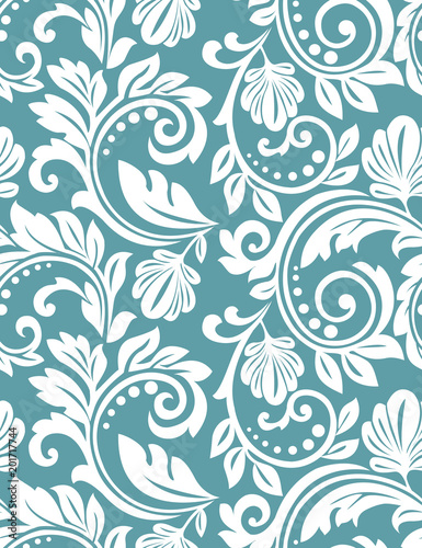 Floral pattern. Wallpaper baroque, damask. Seamless vector background. White and blue ornament