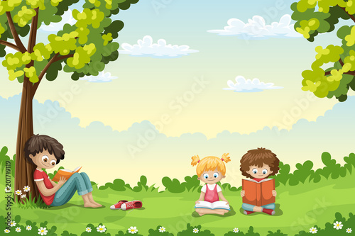Kids are sitting on a meadow and reading books