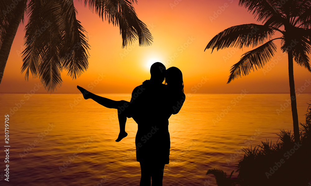 silhouette of a couple on tropical beach at sunset Stock Illustration ...