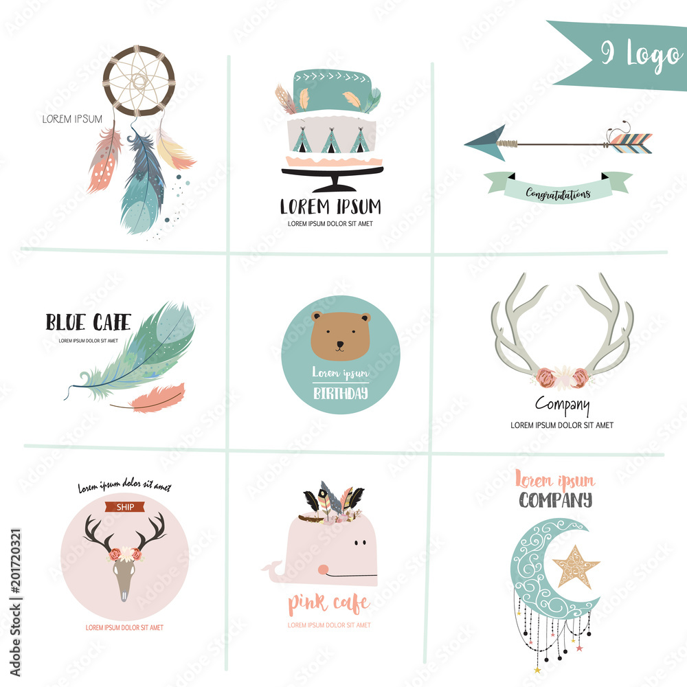 Naklejka premium Cute pastel logo with bear,arrow,wild,feather,wreath,star,cake and moon in boho style
