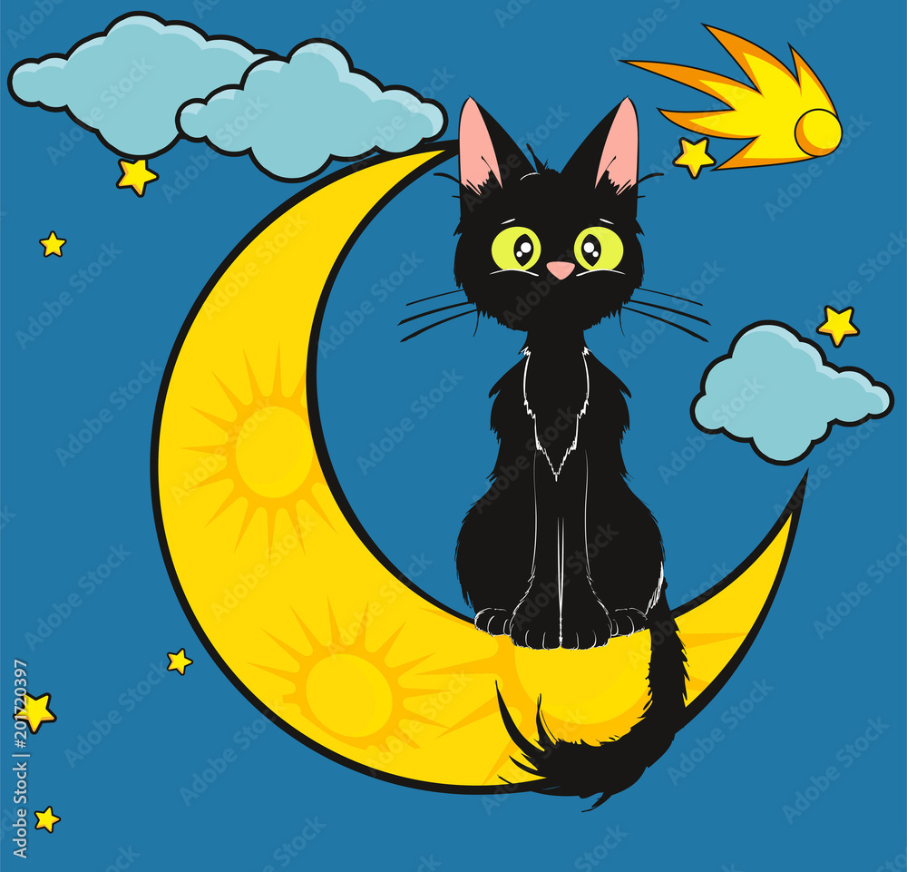Cat on moon. Vector illustration of a cat sitting on the moon on a sky background. Cartoon illustration. Cat on moon. Vector illustration of a cat sitting on the moon on a sky background. Cartoon illustration.