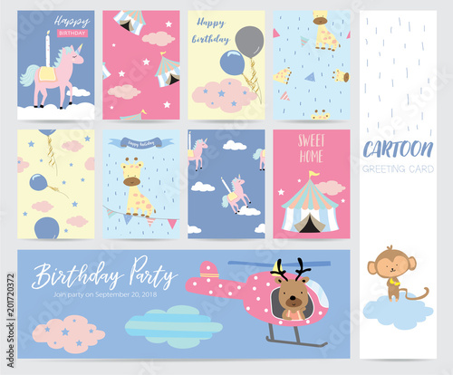 Blue pink pastel greeting card with reindeer,helicopter,cloud,unicorn,giraffe,monkey,rain and star