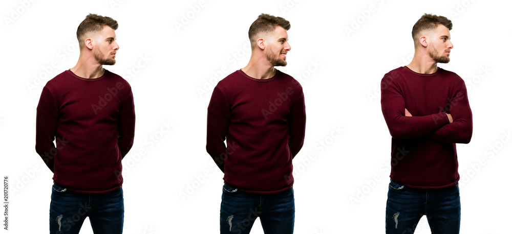 Handsome blond man side view portrait isolated over white background ...