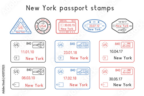 Passport stamps. New York, USA. Arrival and departure by car, train, plane. Set of colored stamps