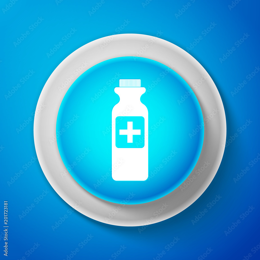 White Bottle with medical pills icon isolated on blue background. Tablets symbol. Health care. Circle blue button with white line. Vector Illustration White Bottle with medical pills icon isolated on blue background. Tablets symbol. Health care. Circle blue button with white line. Vector Illustration