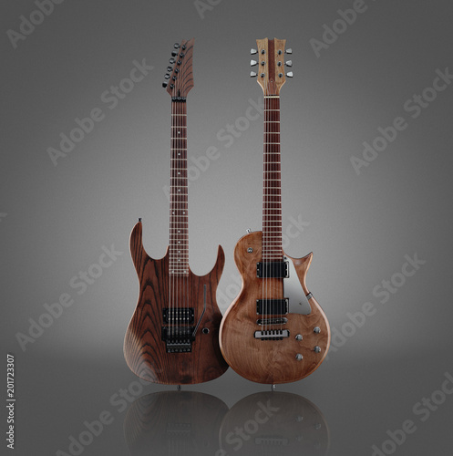 Two different shaped electric guitars with natural finish isolated on grey background with reflection