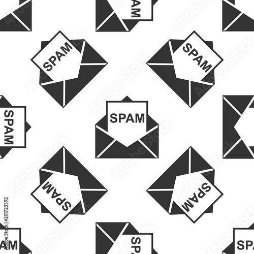 Envelope with spam icon seamless pattern on white background. Concept of virus, piracy, hacking and security. Flat design. Vector Illustration