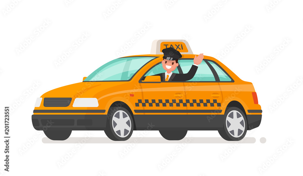 Driver is driving a taxi car. Yellow cab. Vector illustration
