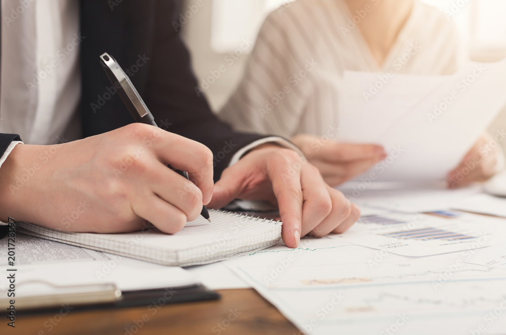 Fototapeta premium Business colleagues writing notes and using calculator