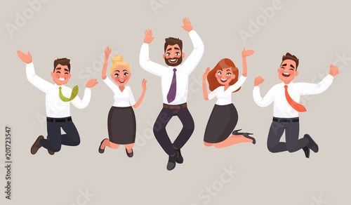 Business people are jumping, celebrating the achievement of victory. Happy office workers