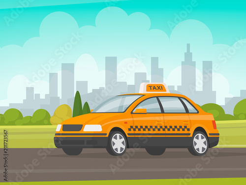 Fototapeta Naklejka Na Ścianę i Meble -  Taxi rides on the city background. Cab. Vector illustration