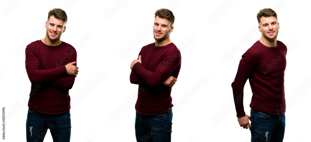 Handsome blond man confident and happy with a big natural smile laughing, natural expression isolated over white background Handsome blond man confident and happy with a big natural smile laughing, natural expression isolated over white background
