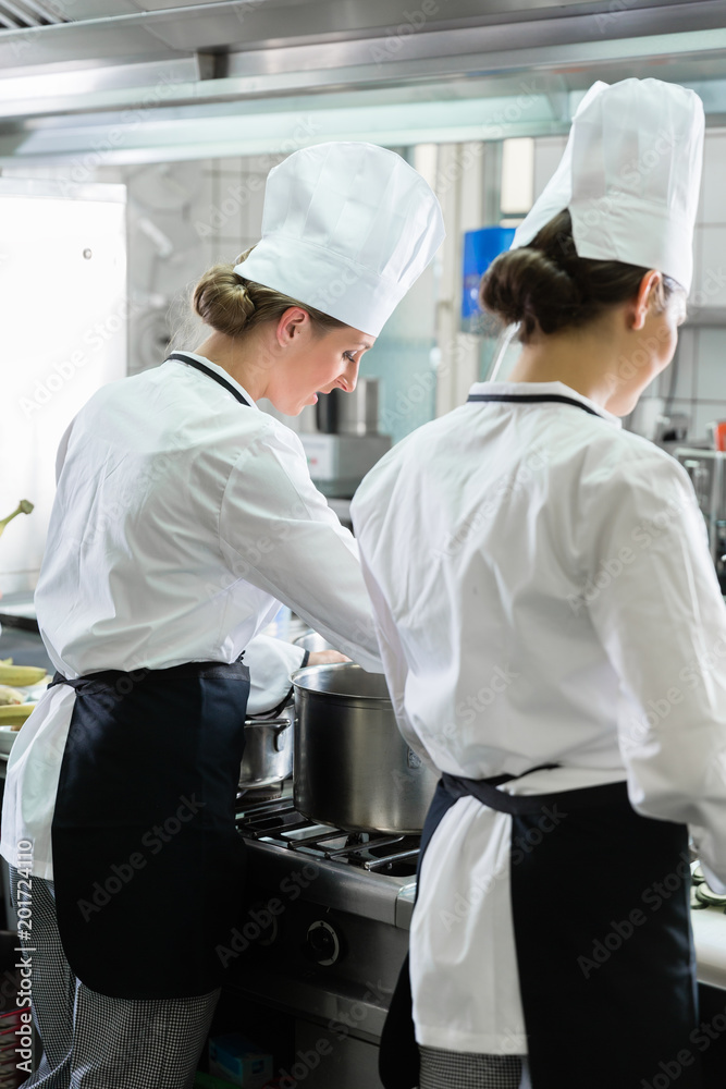 Obraz premium Team of female Chefs working in commercial catering kitchen