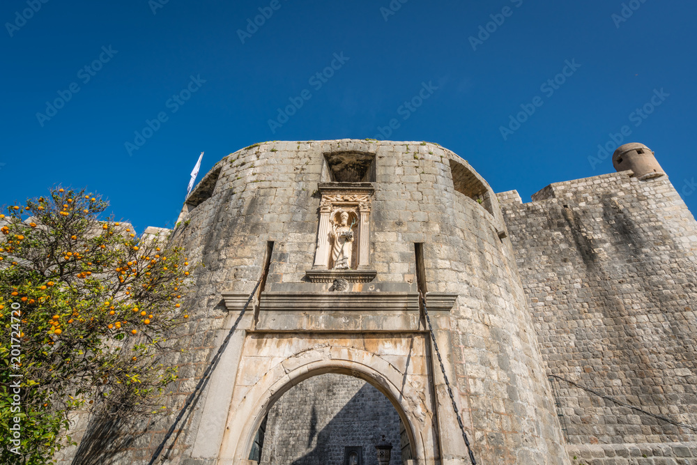 Massive gates to the historic Old Town in  Dubrovnik