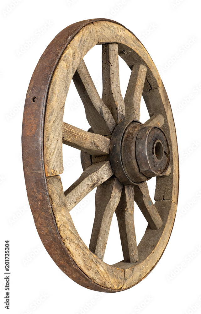 Rustic old wooden wagon wheel from behind
