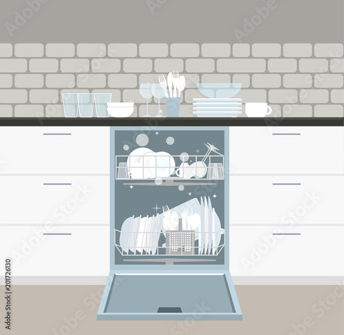 Built-in dishwasher with open door and clean dishes. Vector illustration.
