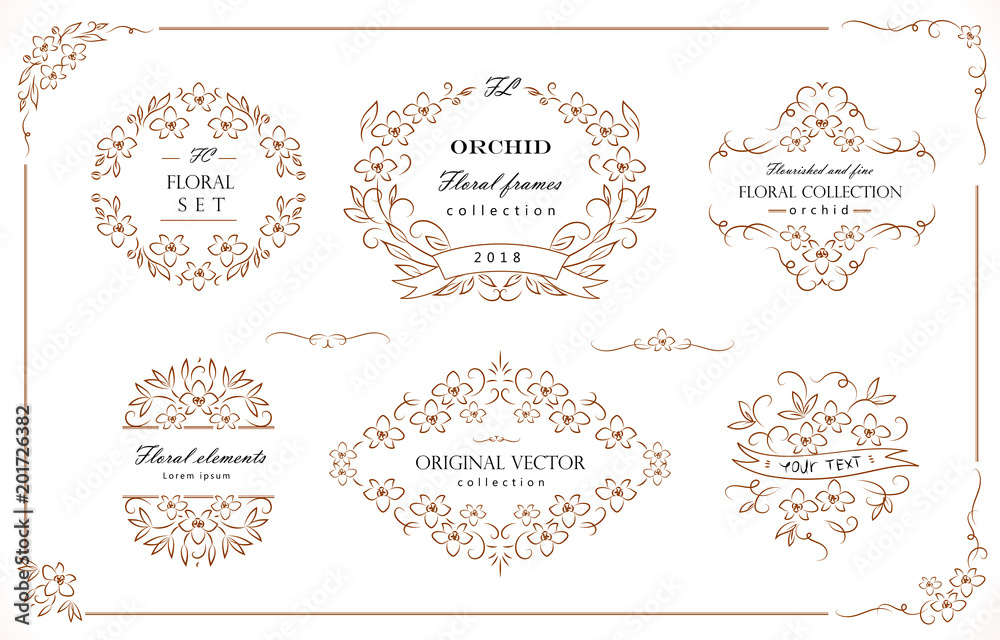 Set of flourish frames, borders, labels. Collection of original floral design elements. Vector calligraphy swirls, swashes, ornate motifs and corners. 