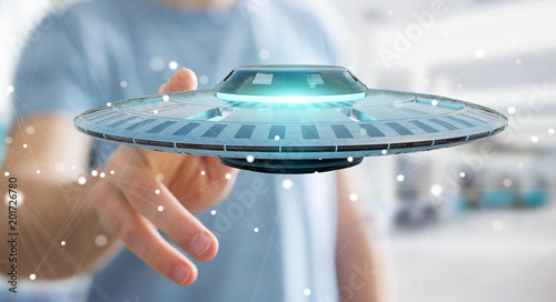 Fototapeta Naklejka Na Ścianę i Meble -  Businessman with retro UFO spaceship 3D rendering