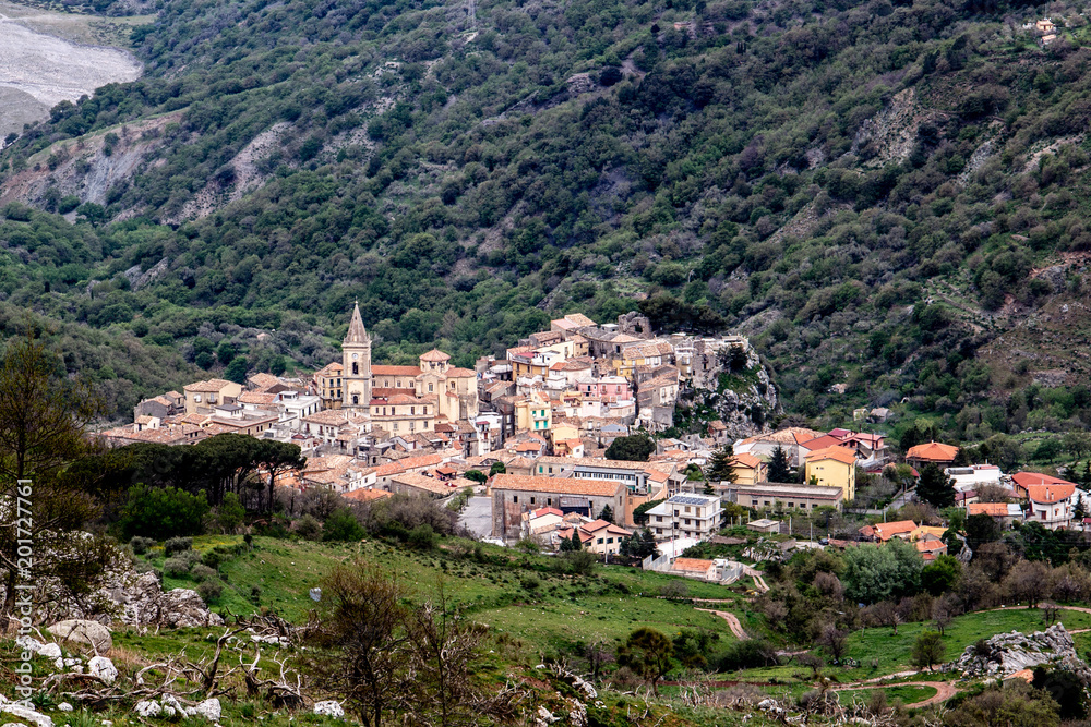 View from the hills at Novara di Sicilia, little village at Province Messina, Sicily, Italy 